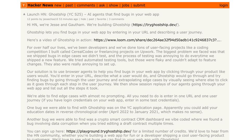 Screenshot of Hacker News post: Launch HN: Ghostship (YC S25) – AI agents that find bugs in your web app