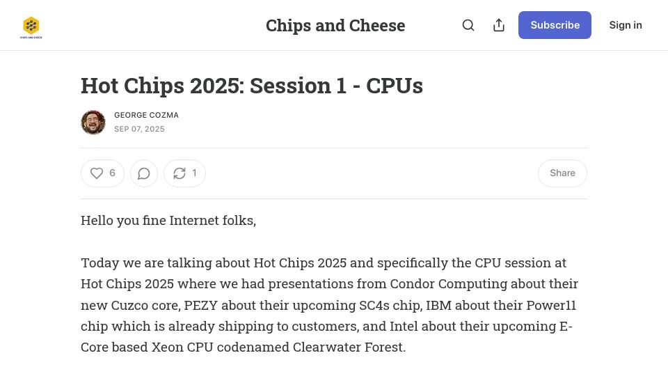 Screenshot of chipsandcheese.com: Hot Chips 2025: Session 1 – CPUs