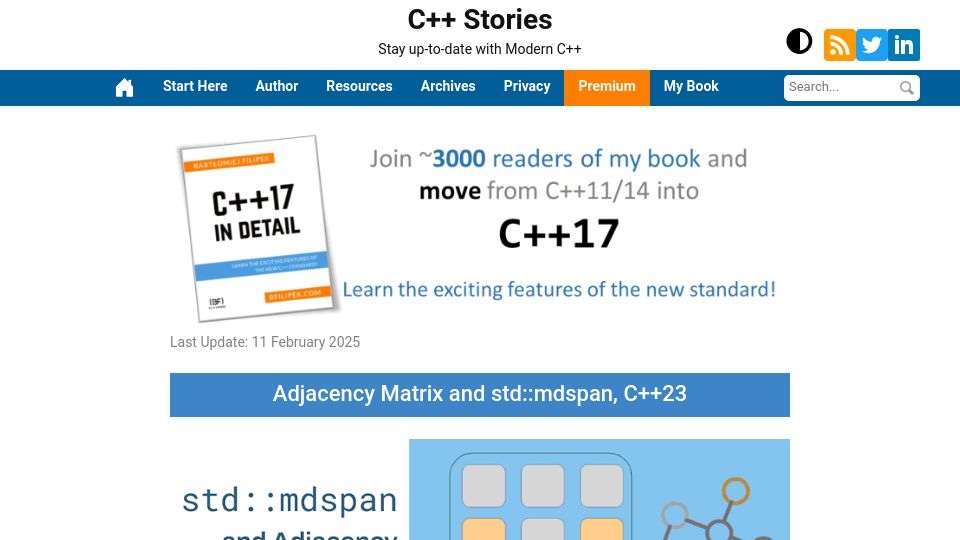 Screenshot of cppstories.com: Adjacency Matrix and std:mdspan, C++23