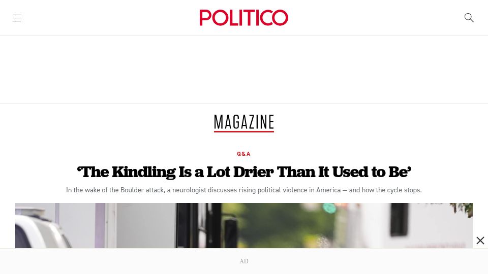 Screenshot of politico.com: How Does the Cycle of Political Violence End? Here's What an Expert Says