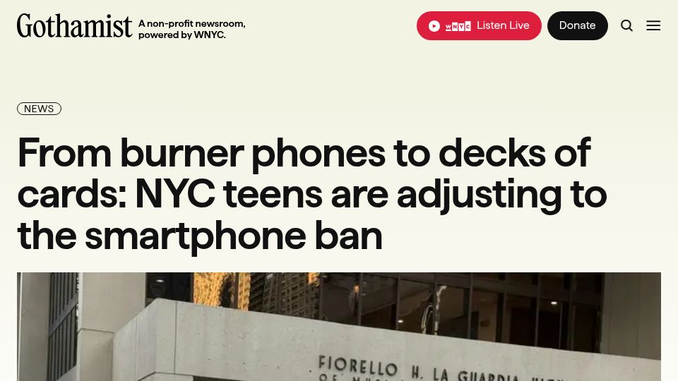 Screenshot of gothamist.com: From burner phones to decks of cards: NYC teens adjusting to the smartphone ban