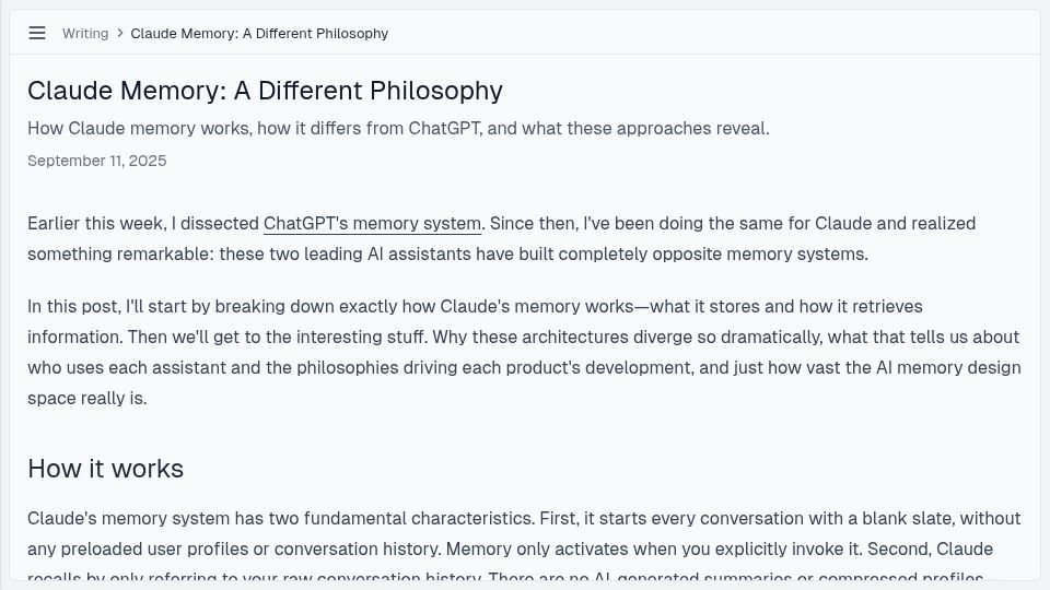Screenshot of shloked.com: Claude’s memory architecture is the opposite of ChatGPT’s