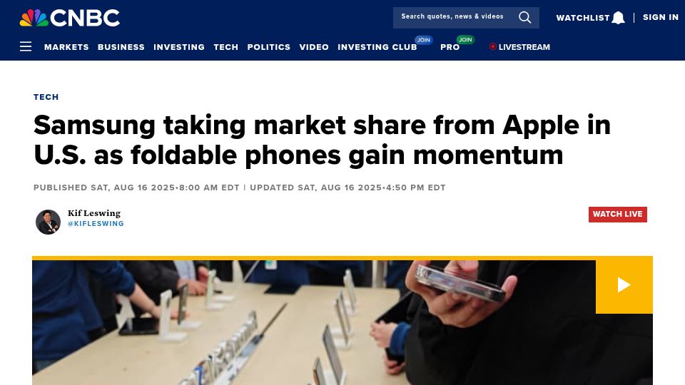 Screenshot of cnbc.com: Samsung taking market share from Apple in U.S. as foldable phones gain momentum