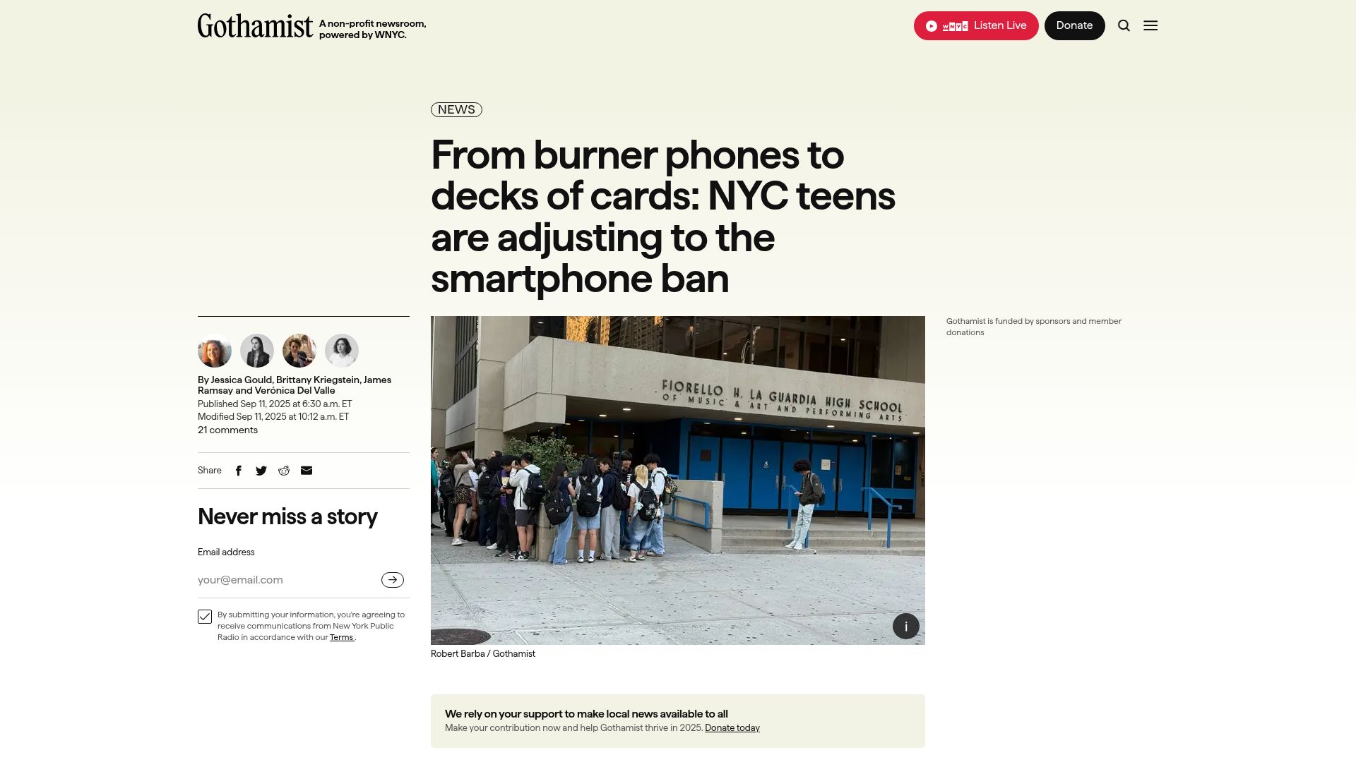 Screenshot of gothamist.com: From burner phones to decks of cards: NYC teens adjusting to the smartphone ban