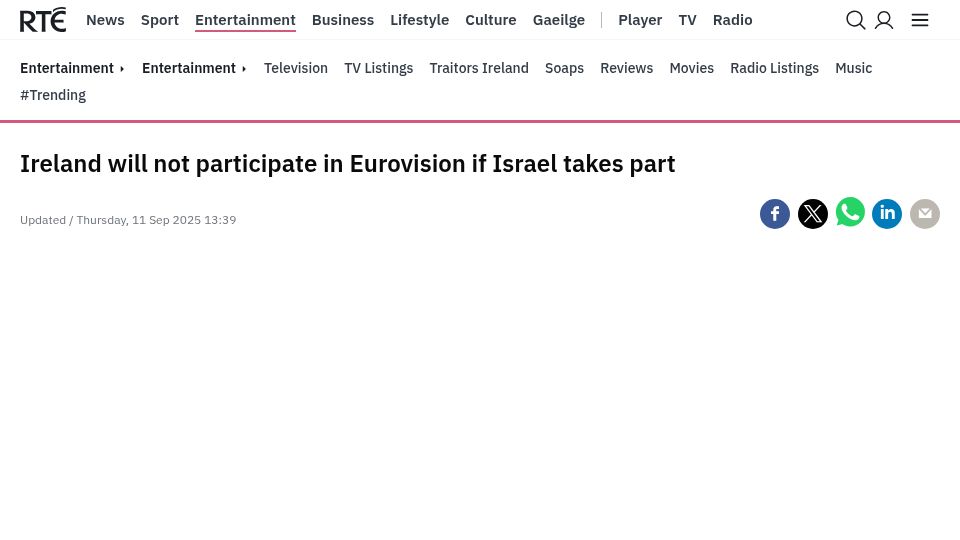 Screenshot of rte.ie: Ireland will not participate in Eurovision if Israel takes part