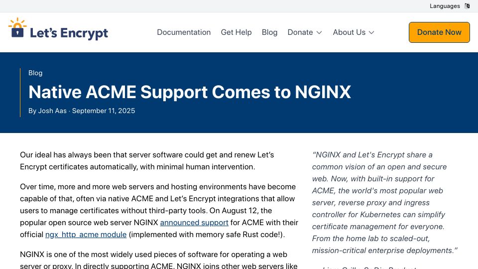 Screenshot of letsencrypt.org: Native ACME support comes to Nginx