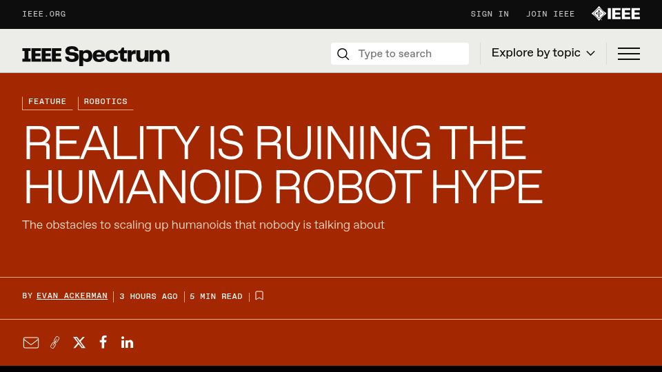 Screenshot of spectrum.ieee.org: The obstacles to scaling up humanoids