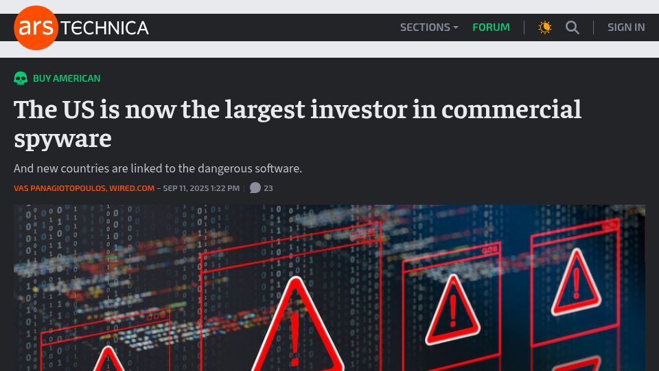 Screenshot of arstechnica.com: The US is now the largest investor in commercial spyware