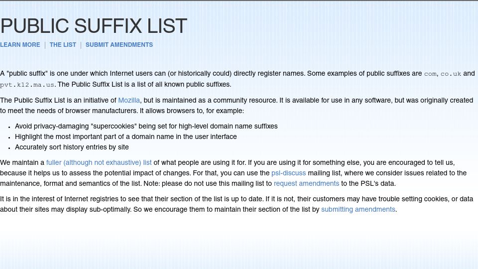 Screenshot of publicsuffix.org: Public Suffix List
