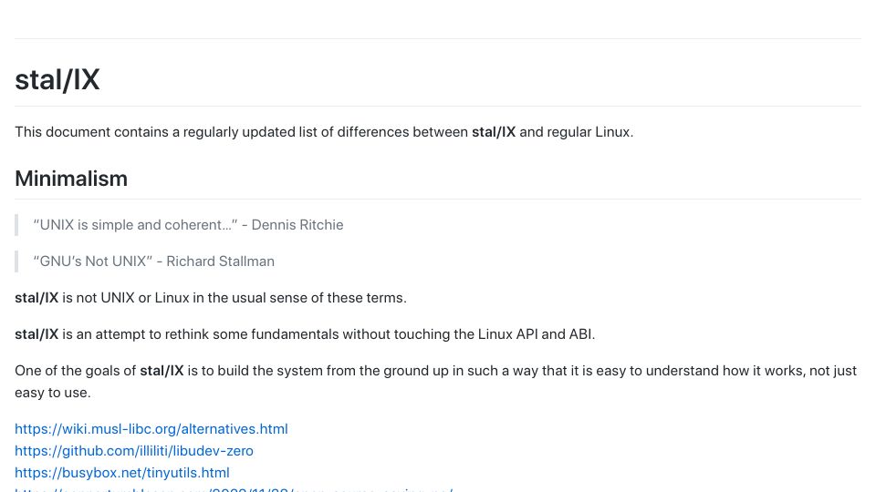 Screenshot of stal-ix.github.io: Differences between stal/IX and regular Linux