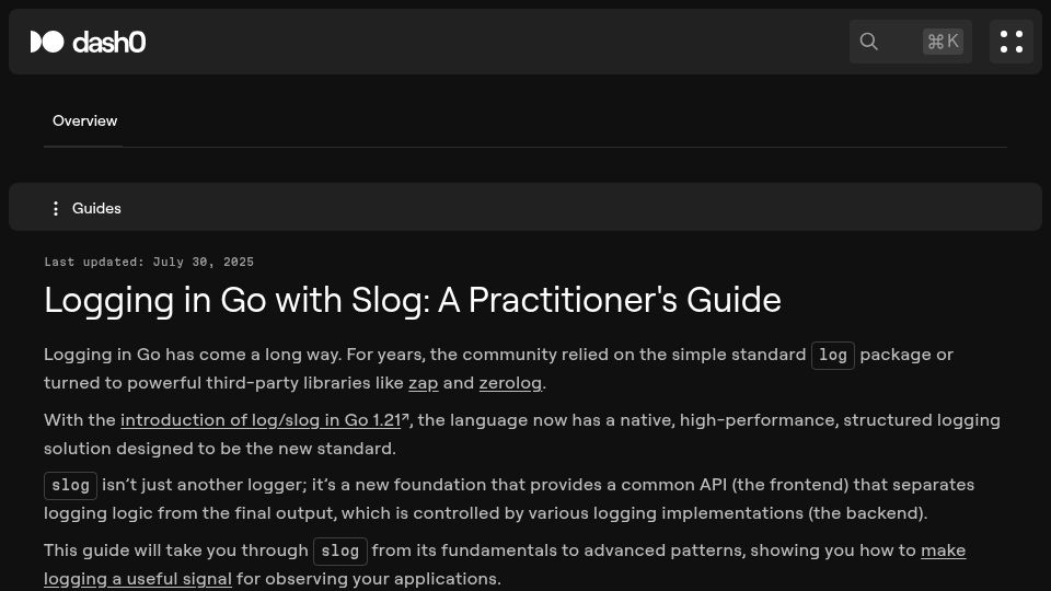 Screenshot of dash0.com: Logging in Go with Slog: A Practitioner's Guide