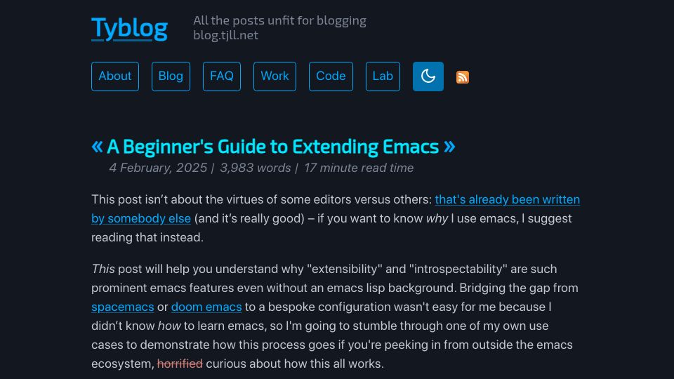 Screenshot of blog.tjll.net: A beginner's guide to extending Emacs