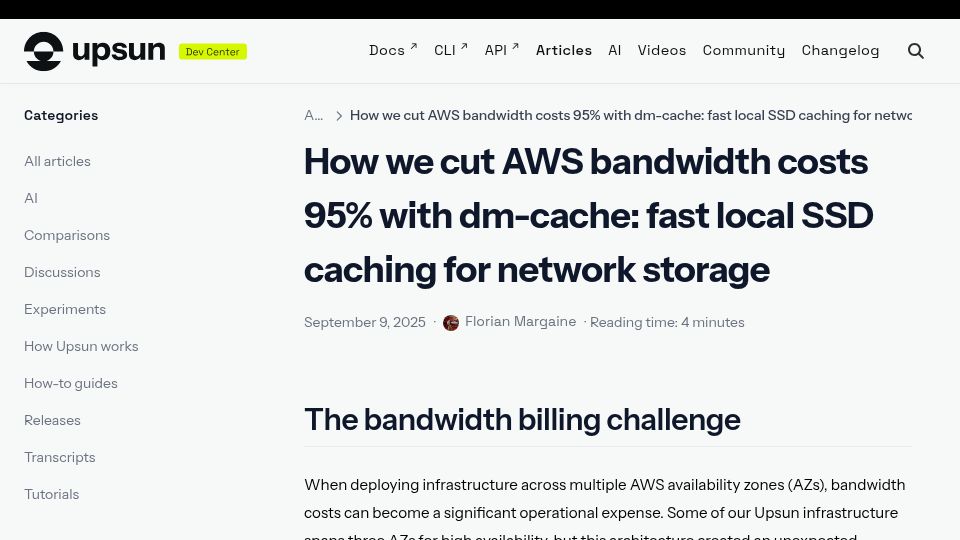 Screenshot of devcenter.upsun.com: Reduce bandwidth costs with dm-cache: fast local SSD caching for network storage