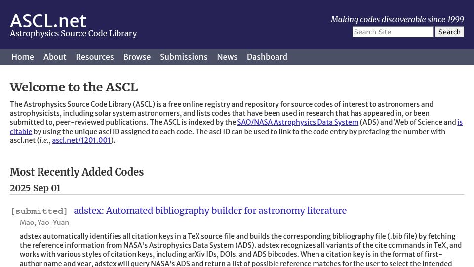 Screenshot of ascl.net: Astrophysics Source Code Library