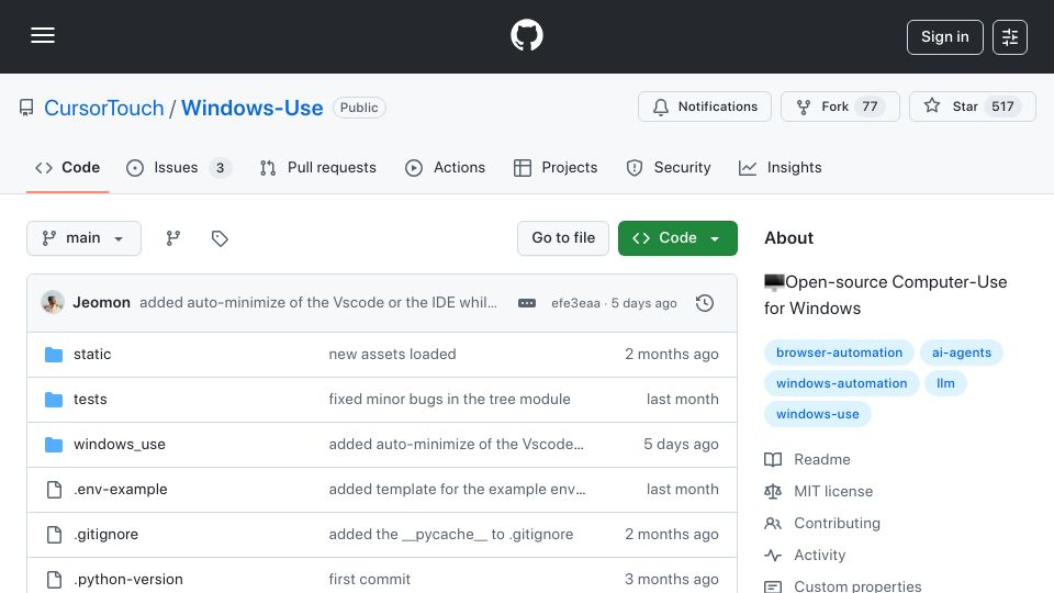 Screenshot of github.com: Windows-Use: an AI agent that interacts with Windows at GUI layer