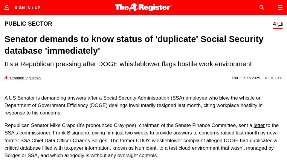 Screenshot of theregister.com: Senator demands to know status of 'duplicate' SSA database 'immediately'