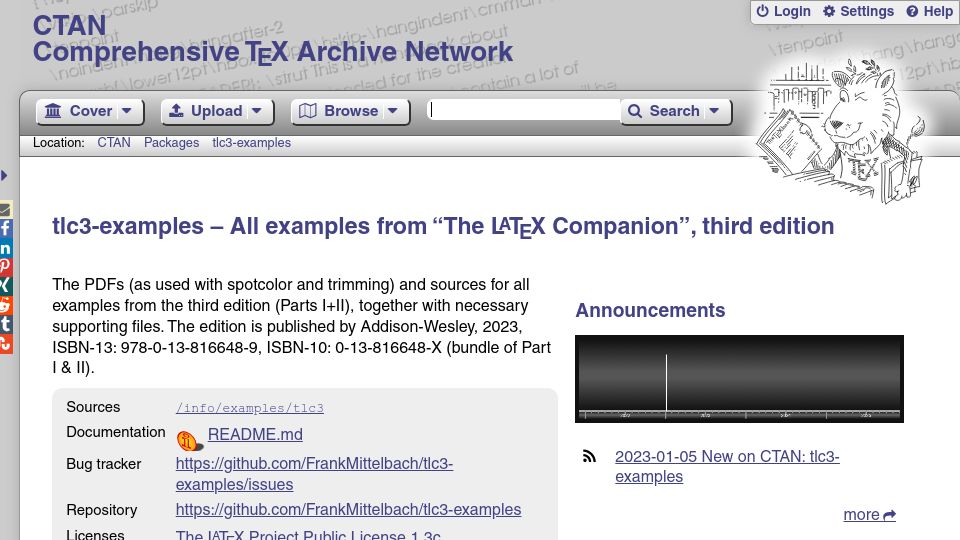 Screenshot of ctan.org: Examples from The LaTeX Companion book (3rd edition)