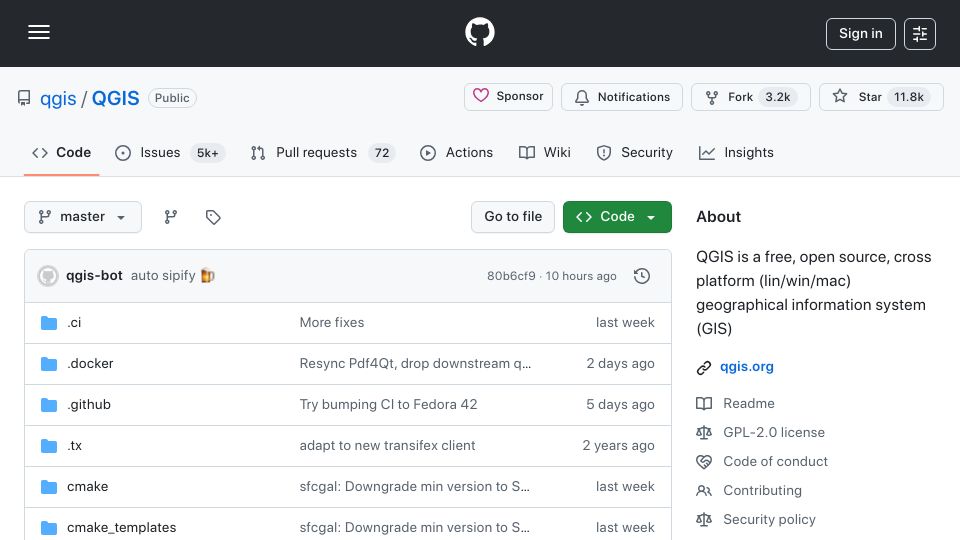 Screenshot of github.com: QGIS is a free, open-source, cross platform geographical information system