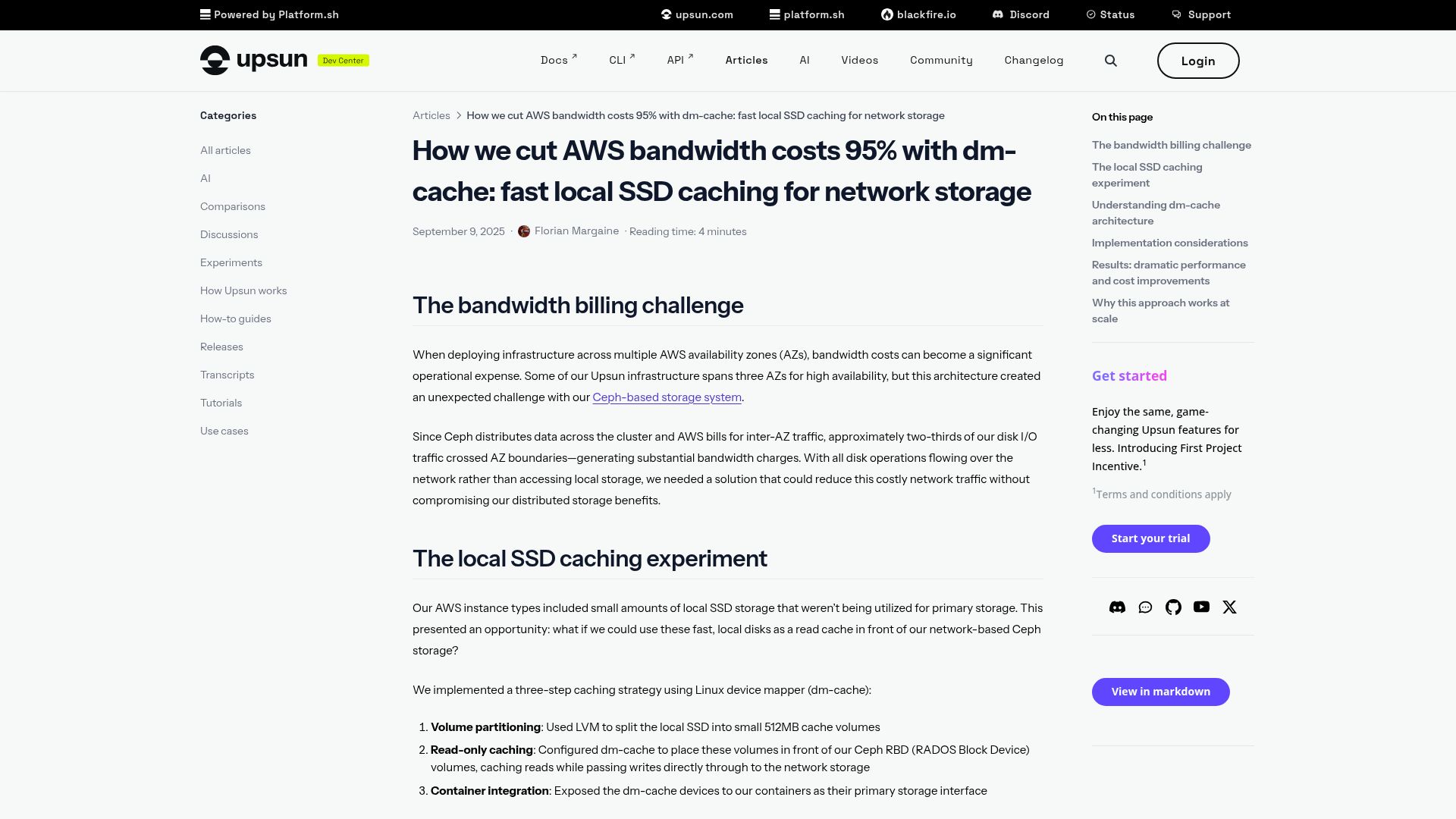 Screenshot of devcenter.upsun.com: Reduce bandwidth costs with dm-cache: fast local SSD caching for network storage