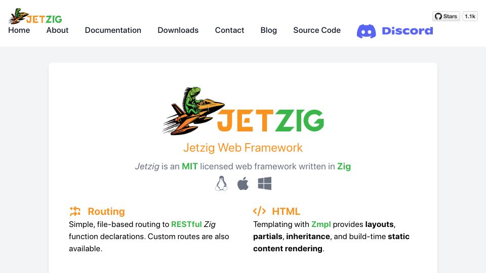 Screenshot of jetzig.dev: A Web Framework for Zig