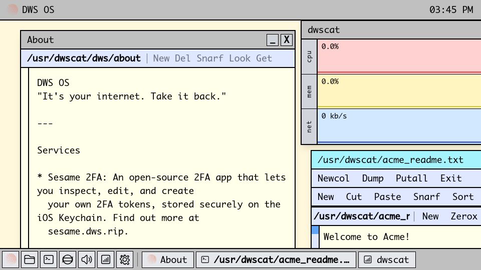Screenshot of dws.rip: Show HN: DWS OS, a Plan 9 Inspired Web “OS”