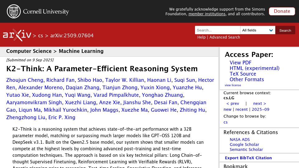 Screenshot of arxiv.org: K2-think: A parameter-efficient reasoning system
