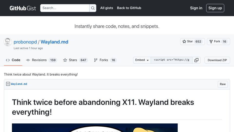 Screenshot of gist.github.com: Think twice before abandoning X11. Wayland breaks everything