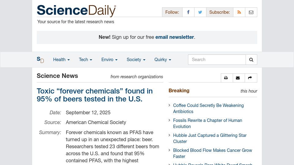 Screenshot of sciencedaily.com: Toxic "forever chemicals" found in 95% of beers tested in the U.S.