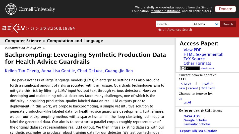 Screenshot of arxiv.org: Backprompting: Leveraging synthetic production data for health advice guardrails