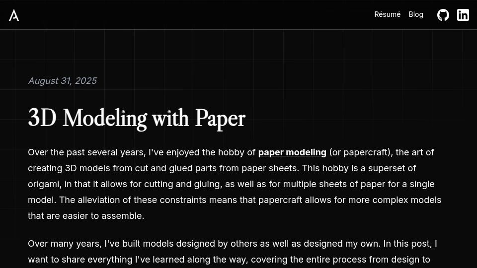 Screenshot of arvinpoddar.com: 3D modeling with paper