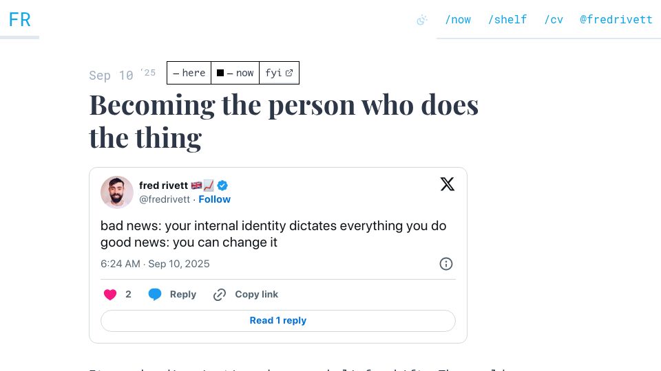 Screenshot of fredrivett.com: Becoming the person who does the thing