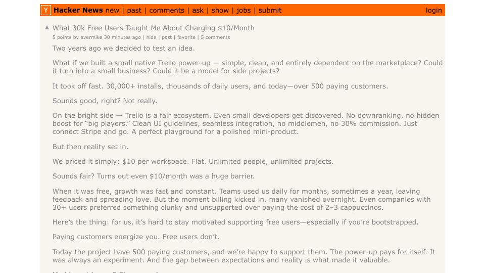 Screenshot of Hacker News post: What 30k Free Users Taught Me About Charging $10/Month