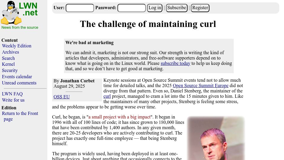 Screenshot of lwn.net: The challenge of maintaining curl