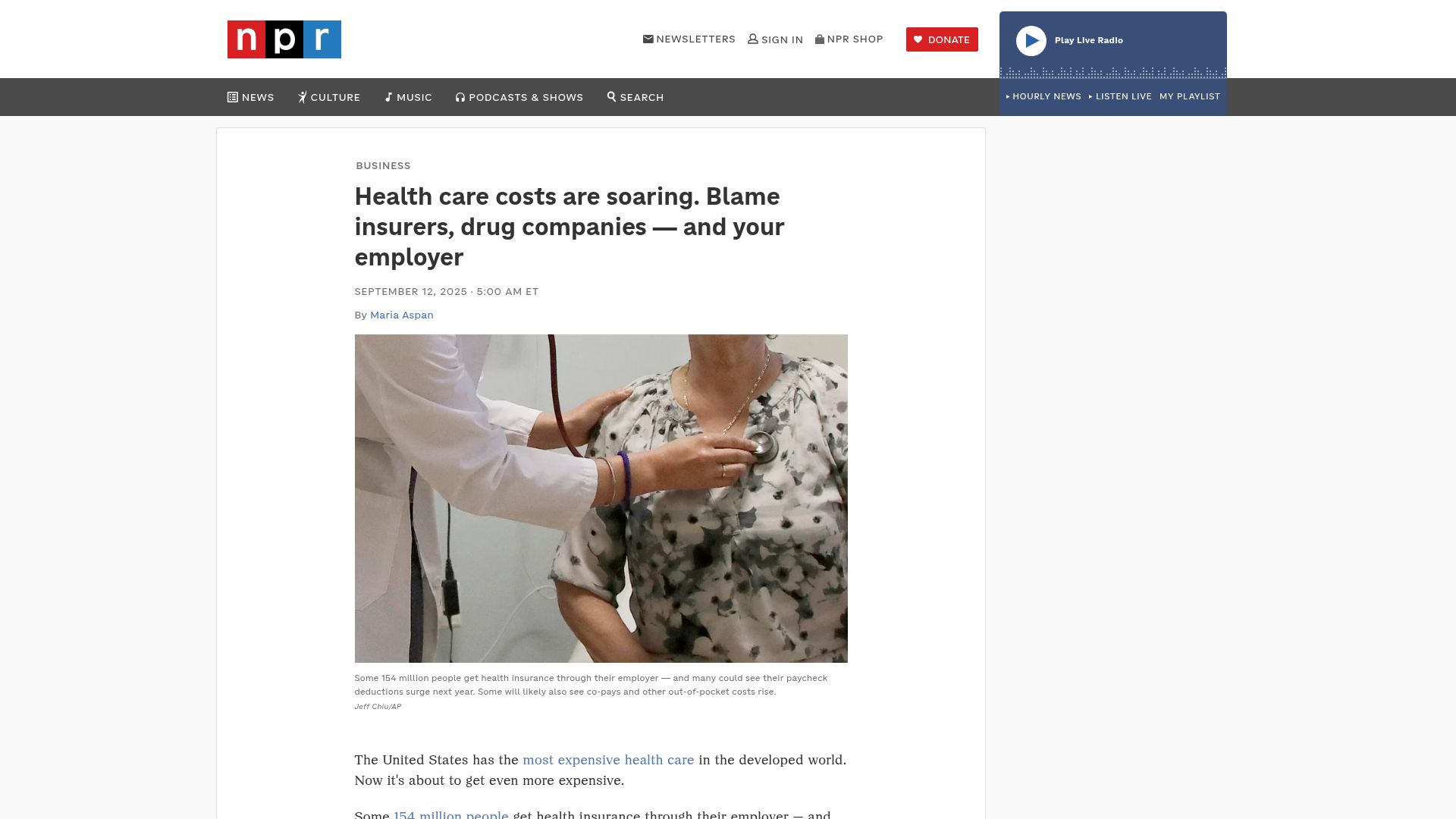 Screenshot of npr.org: Health care costs are soaring. Blame insurers, drug companies and your employer