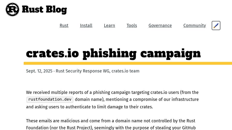 Screenshot of blog.rust-lang.org: Active phishing campaign targeting crates.io users
