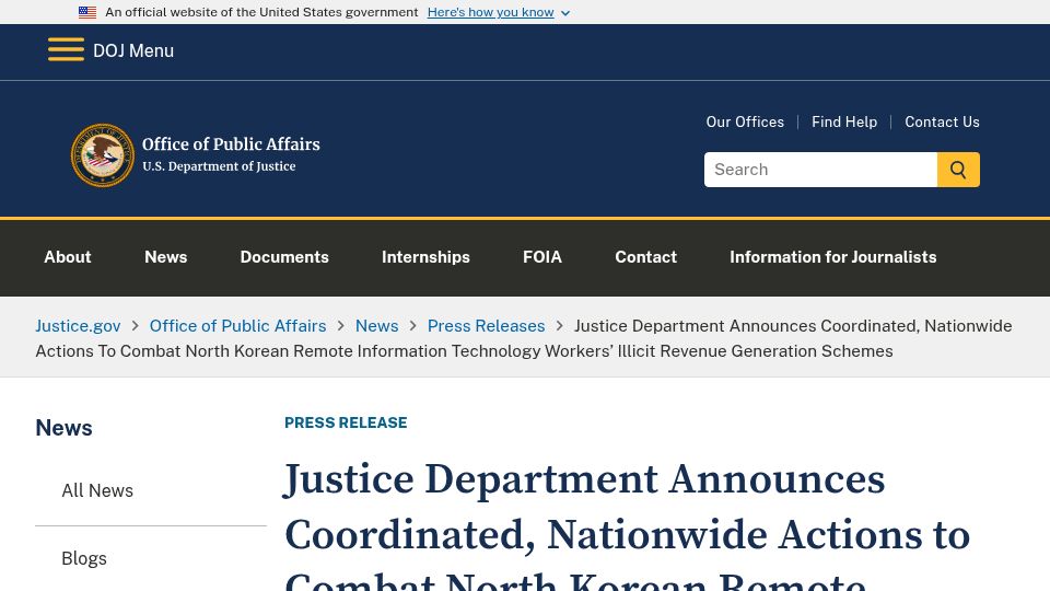 Screenshot of justice.gov: Justice Department Announces Actions to Combat North Korean Remote IT Workers