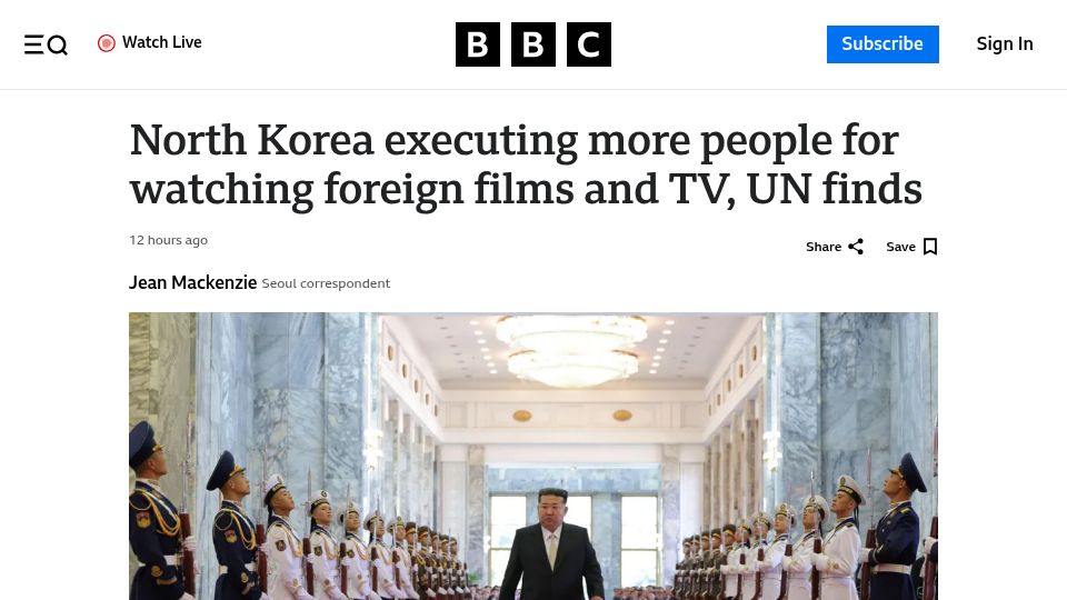 Screenshot of bbc.com: North Korea executing more people for watching foreign films and TV, UN finds
