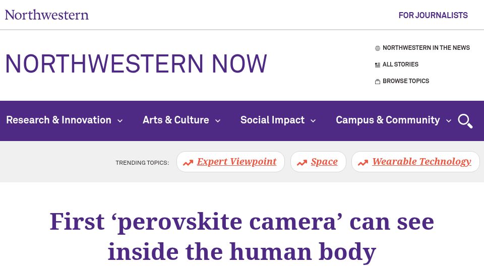 Screenshot of news.northwestern.edu: First 'perovskite camera' can see inside the human body