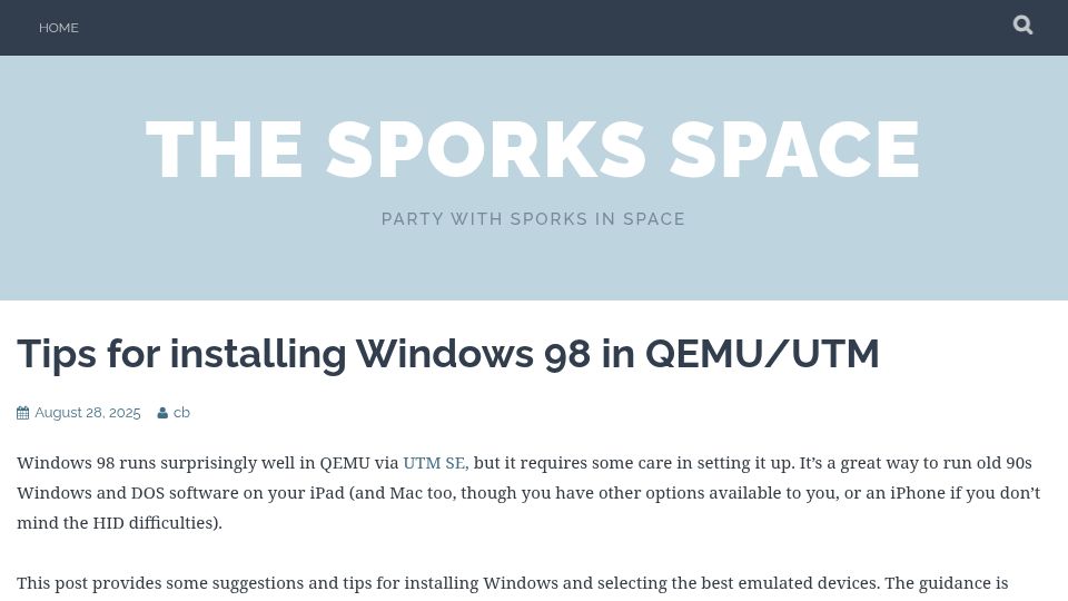 Screenshot of sporks.space: Tips for installing Windows 98 in QEMU/UTM