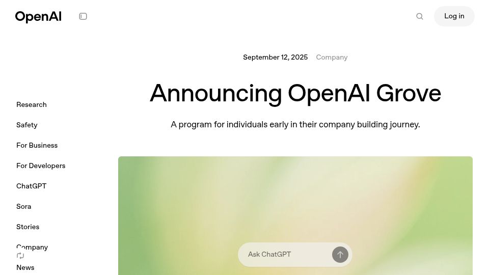 Screenshot of openai.com: OpenAI Grove