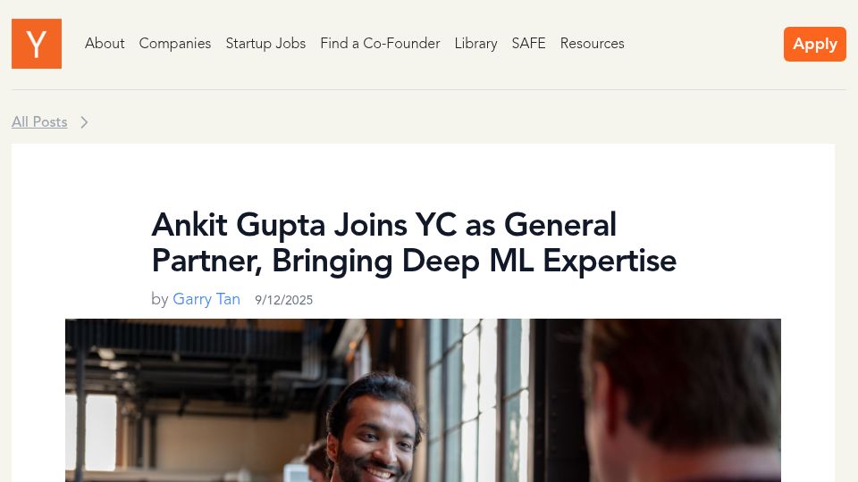 Screenshot of ycombinator.com: Ankit Gupta Joins YC as General Partner