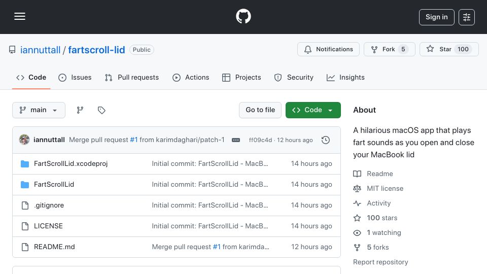Screenshot of github.com: Fartscroll-Lid: An app that plays fart sounds when opening or closing a MacBook