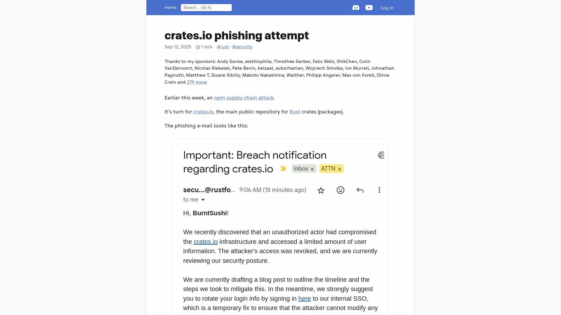 Screenshot of fasterthanli.me: Crates.io phishing attempt