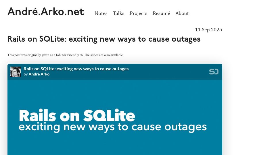 Screenshot of andre.arko.net: Rails on SQLite: new ways to cause outages