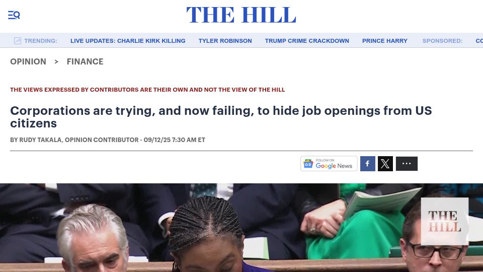 Screenshot of thehill.com: Corporations are trying to hide job openings from US citizens