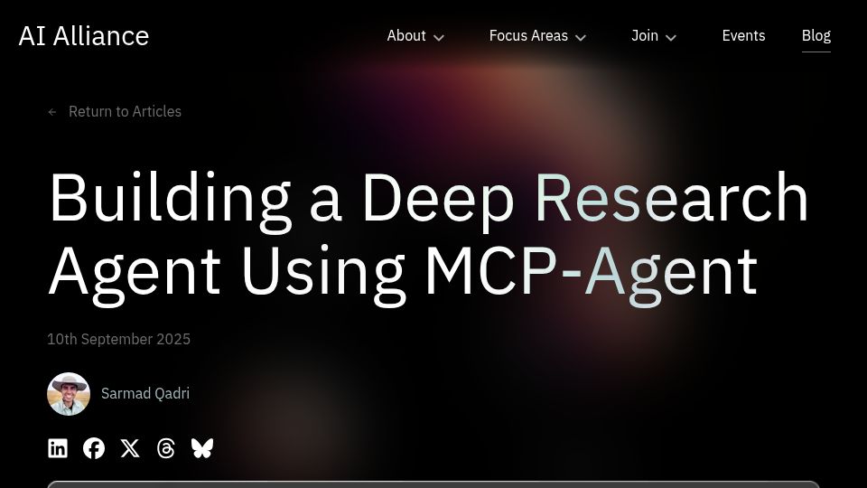 Screenshot of thealliance.ai: Show HN: Building a Deep Research Agent Using MCP-Agent