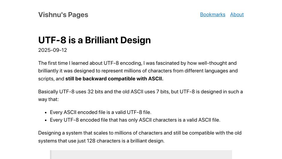 Screenshot of iamvishnu.com: UTF-8 is a brilliant design