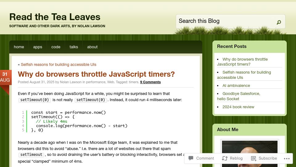 Screenshot of nolanlawson.com: Why do browsers throttle JavaScript timers?