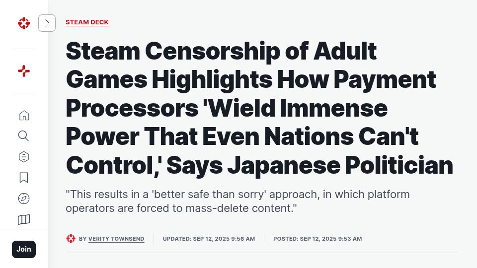 Screenshot of ign.com: Steam Censorship of Adult Games Shows How Payment Processors Wield Immense Power