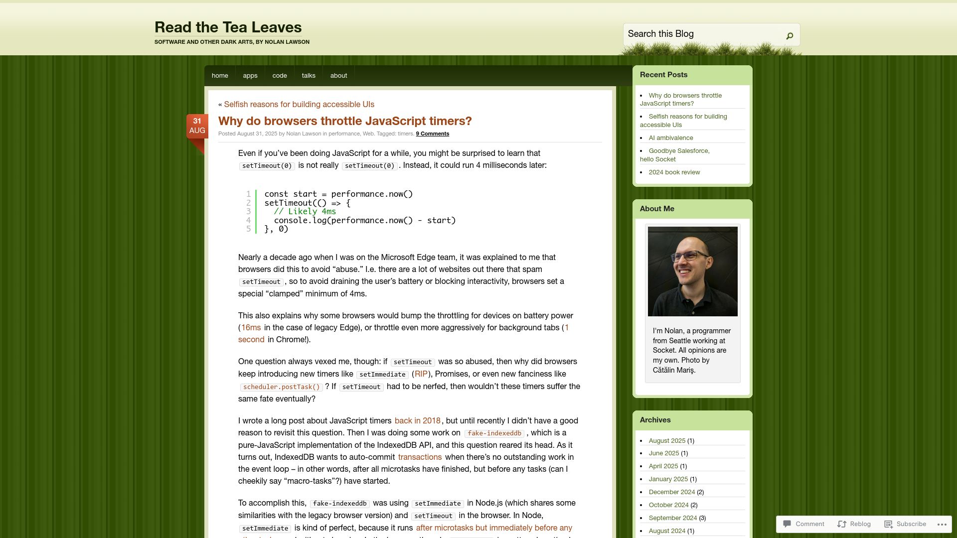 Screenshot of nolanlawson.com: Why do browsers throttle JavaScript timers?